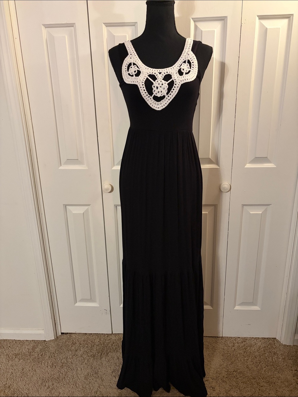 Crochet Yoke Black Maxi Dress